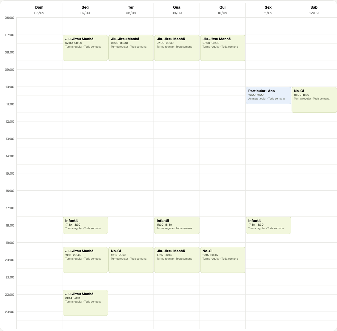 Agenda semanal de uma unidade com turmas, infantil e aula particular