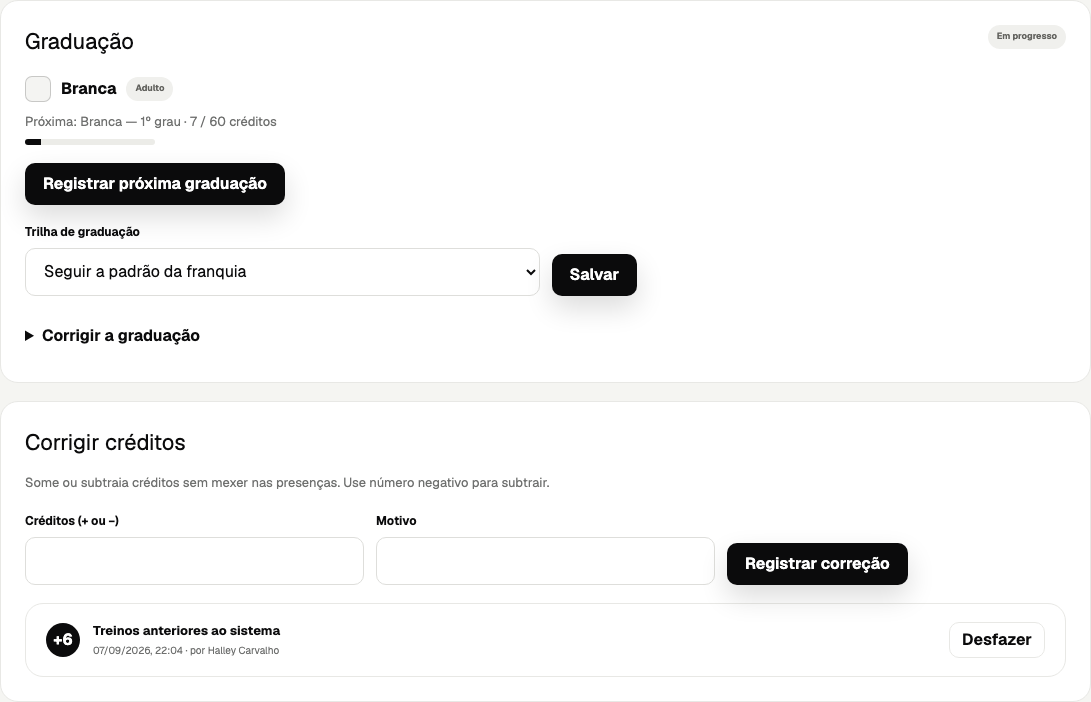 Ficha de um aluno com a faixa atual e o progresso para a próxima